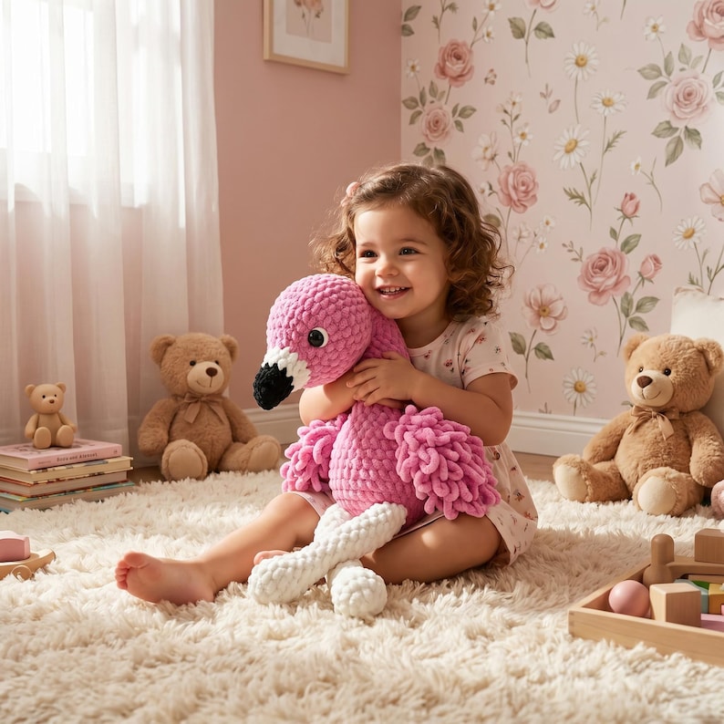 Toddler playing with crochet flamingo plush toy in flower themed nursery bedroom