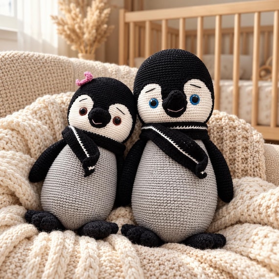 Penguin Plush Couple, Handmade Crochet Stuffed Animal Set, Cotton Baby Shower Gift