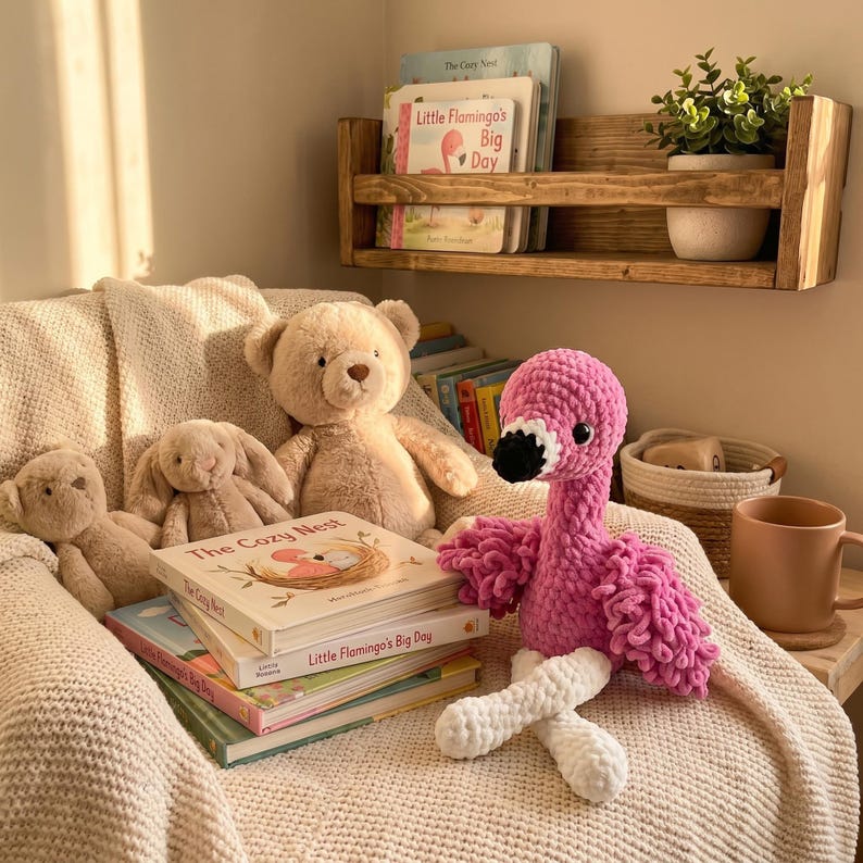Crochet flamingo plush toy beside children's books and teddy bear, handmade nursery decor and baby girl room accessory