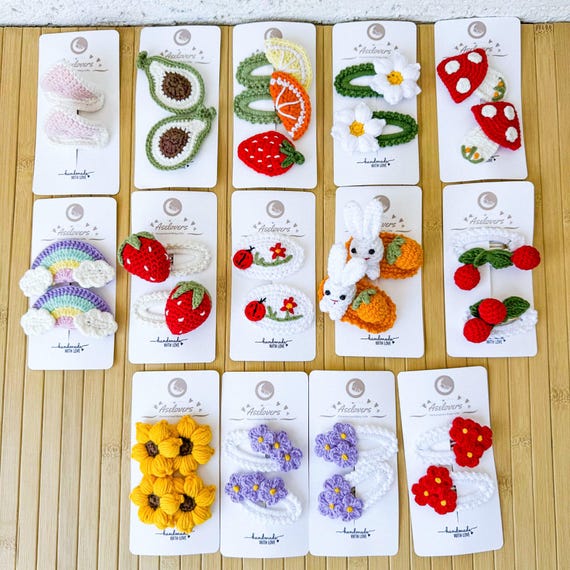 Crochet Hair Clips Set, Handmade Toddler Hair Accessories - Floral Fruit Mushroom Barrettes