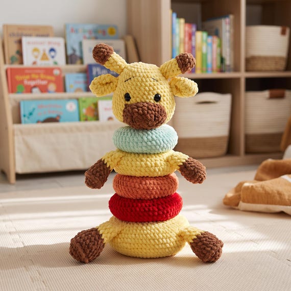 Crochet Stacking Toy Giraffe, Soft Ring Stacker for Baby, Educational Toddler Gift