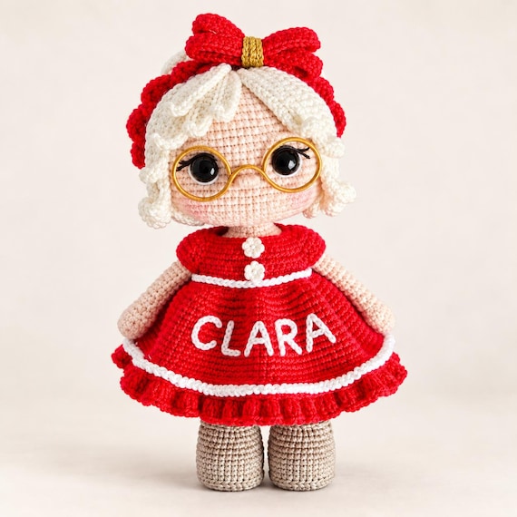 Personalized Christmas Doll with Name, Crochet Girl in Red Dress, Custom Keepsake Gift