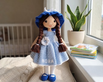 Personalized Crochet Doll with Name, Blue Spring Girl Amigurumi Plush