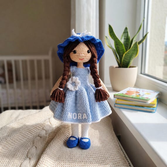 Personalized Crochet Doll with Name, Blue Spring Girl Amigurumi Plush