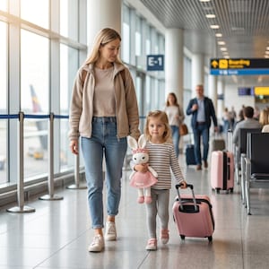 K&ouml;nnte beinhalten: Eine Frau und ein kleines M&auml;dchen gehen durch einen Flughafen. Das M&auml;dchen zieht einen rosa Koffer und h&auml;lt ein Stoffkaninchen. Die Frau tr&auml;gt eine beige Jacke und Jeans. Das M&auml;dchen tr&auml;gt ein gestreiftes Oberteil und graue Hosen.
