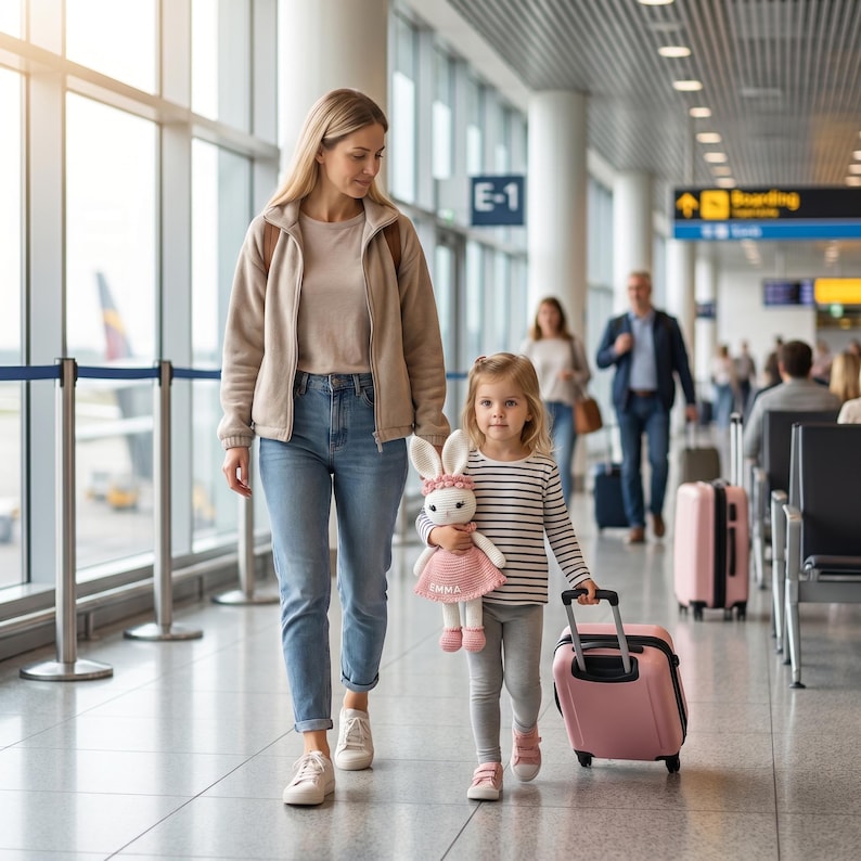 K&ouml;nnte beinhalten: Eine Frau und ein kleines M&auml;dchen gehen durch einen Flughafen. Das M&auml;dchen zieht einen rosa Koffer und h&auml;lt ein Stoffkaninchen. Die Frau tr&auml;gt eine beige Jacke und Jeans. Das M&auml;dchen tr&auml;gt ein gestreiftes Oberteil und graue Hosen.