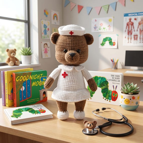 Crochet Nurse Bear, Handmade Teddy Bear Doll, Medical Graduation Gift, Nursery Decor