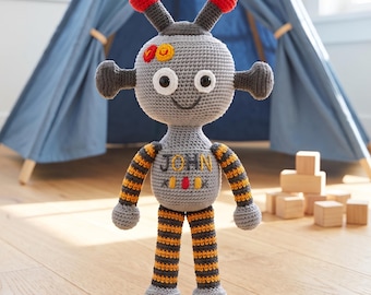 Personalized Crochet Robot Toy, Handmade Amigurumi Stuffed Plush, Custom Name Gift for Kids