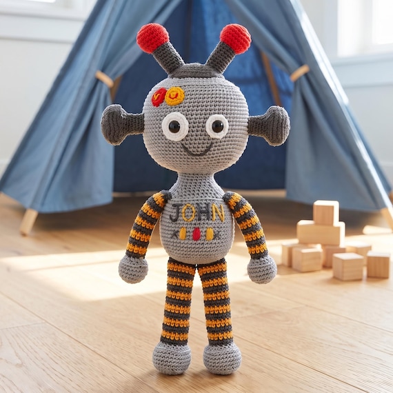 Personalized Crochet Robot Toy, Handmade Amigurumi Stuffed Plush, Custom Name Gift for Kids