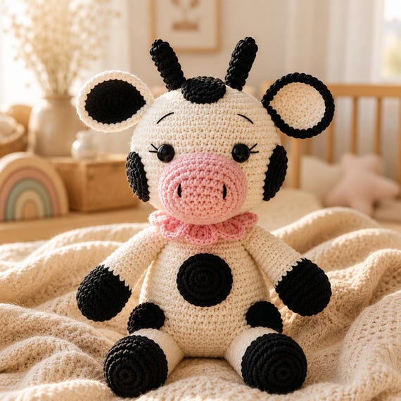Crochet Cow Plush, Handmade Amigurumi Toy, Organic Cotton, Nursery Decor