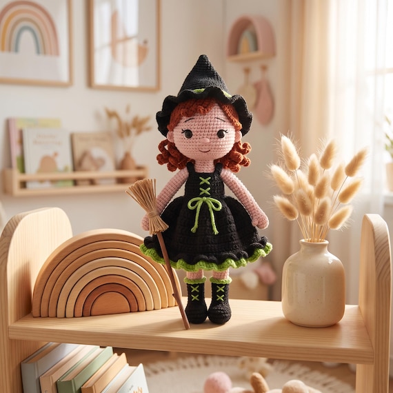Crochet Witch Doll, Handmade Amigurumi Collectible, Witchy Home Decor Halloween Gift for Her