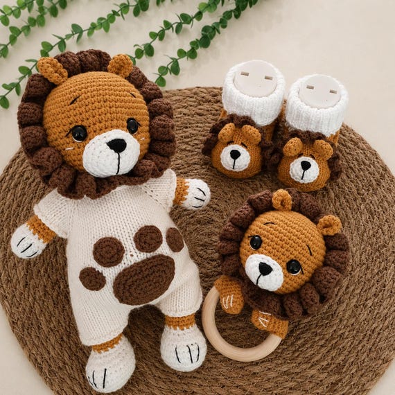 Personalized Lion Baby Gift Set, Keepsake Hand Crocheted Plush, Booties- Safari Nursery Decor