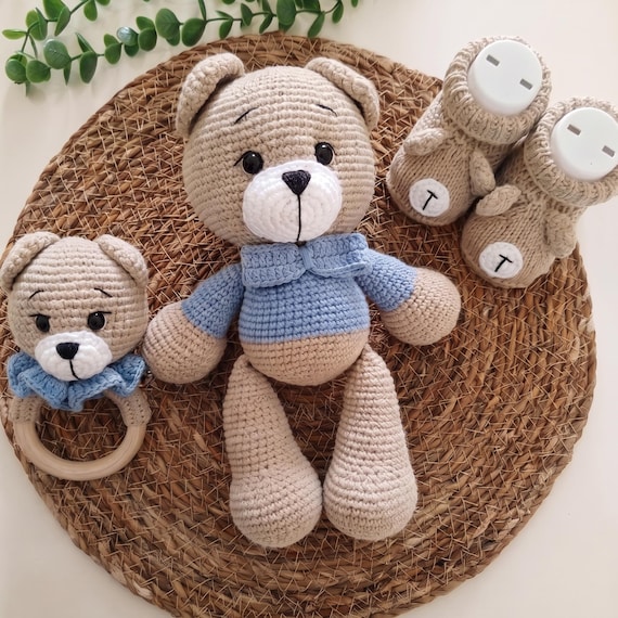 Baby Boy Gift Set, Crochet Teddy Bear with Booties and Rattle, Personalized Newborn Box