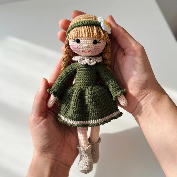 Crochet Amigurumi Girl Doll in Green Dress, Handmade Toy, Baby Gift
