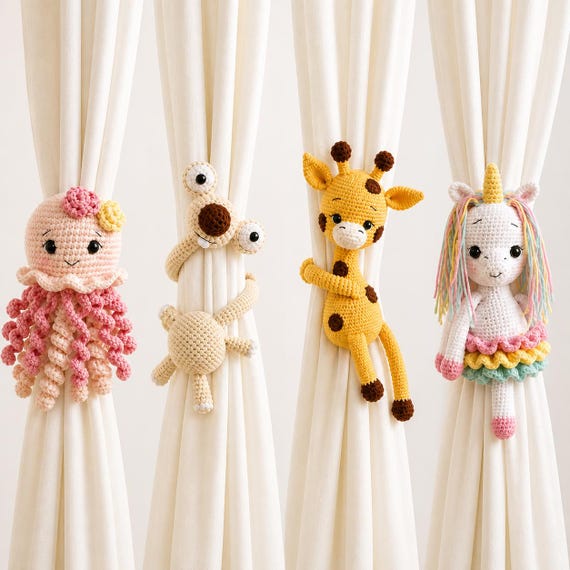 Crochet Animal Curtain Tieback Pair, Nursery Curtain Holder, Baby Room Decor