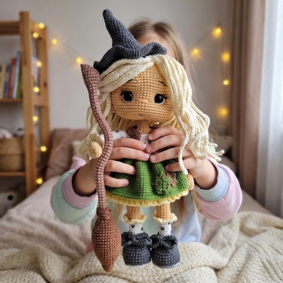 Witch Doll with Broom, Halloween Crochet Decor, Posable Amigurumi Toy for Kids