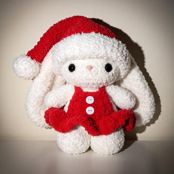 Christmas Bunny Plush in Santa Hat, Fluffy Handmade Stuffed Animal
