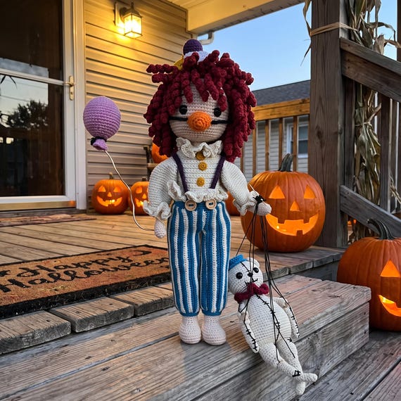 Crochet Clown Doll, Handmade Halloween Decor, One of a Kind Posable