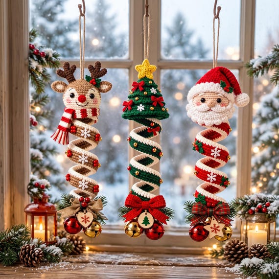 Noel Spiral Süsleri, Tığ İşi Noel Baba ve Ren Geyiği Ağaç Süsleri