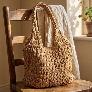 May include: A tan crochet tote bag featuring a textured, repeating stitch pattern throughout the body and a single integrated handle. The bag has a structured, open-top design with a consistent light brown color and a woven, fibrous appearance.