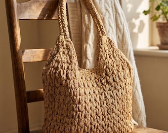 Crochet Shoulder Bag, Handmade Paper Yarn Hobo Bag, Boho Tote for Women