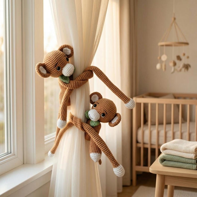 Crochet Curtain Tiebacks, Nursery Decor, Custom Animal Tiebacks Monkey