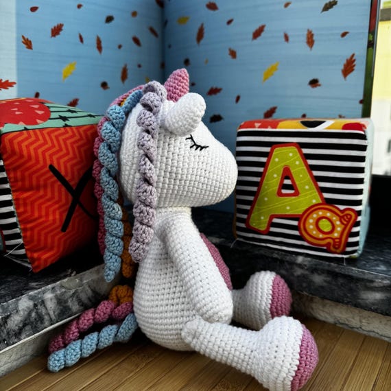 Crochet Unicorn Plush, Rainbow Nursery Decor - Handmade Amigurumi Toy