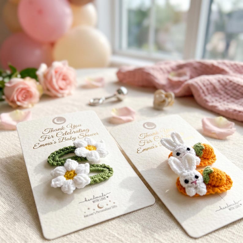 May include: Two white display cards featuring crochet hair clips. One card holds two green oval clips with white daisy flowers. The other card holds two orange carrot-shaped clips topped with small white crocheted bunnies. Text reads Thank You For Celebrating Emma's Baby Shower.