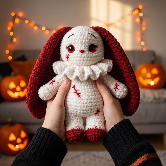 Crochet Gothic Bunny Plush - Spooky Halloween Decoration, Handmade Amigurumi Toy