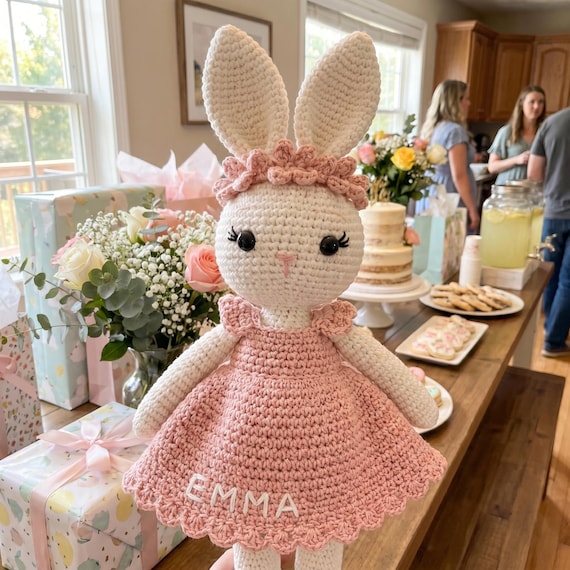 Crochet Bunny Plush Doll, Rabbit with Custom Name - Personalized Baby Girl Gift