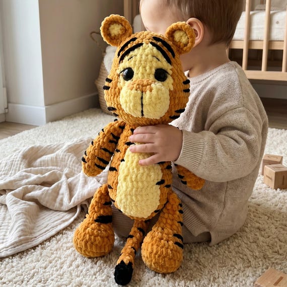 Crochet Tiger Plush, Handmade Stuffed Animal, Woodland Nursery Decor