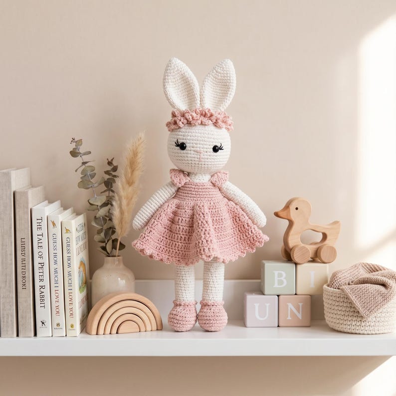 K&ouml;nnte beinhalten: Eine handgefertigte, wei&szlig;e H&auml;kelkaninchenpuppe mit rosa Kleid und passenden Schuhen, mit einem Blumenstirnband. Die Puppe steht auf einem Regal mit Holzspielzeug, B&uuml;chern und einem kleinen Korb. Die Puppe ist etwa 38 cm gro&szlig;.