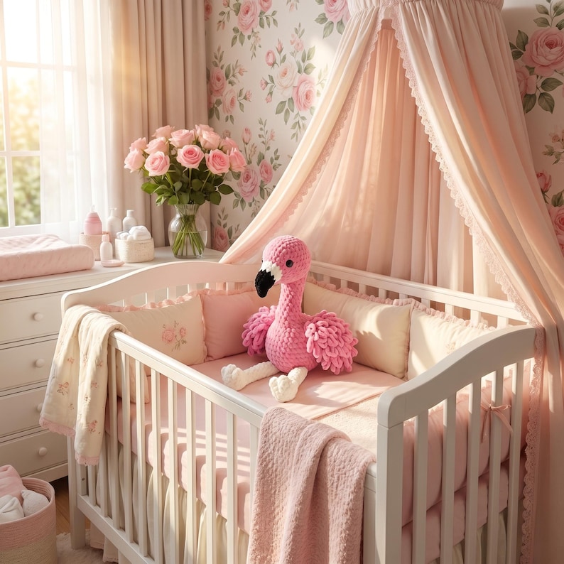 Crochet flamingo nursery decoration beside baby crib, handmade pink bird plush for girls