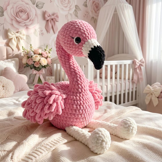 Crochet Flamingo Plush, Handmade Amigurumi Bird, Pink Nursery Decor