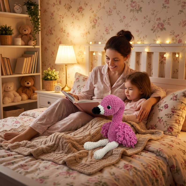 Mother reading bedtime story with child and crochet flamingo plush toy in cozy nursery