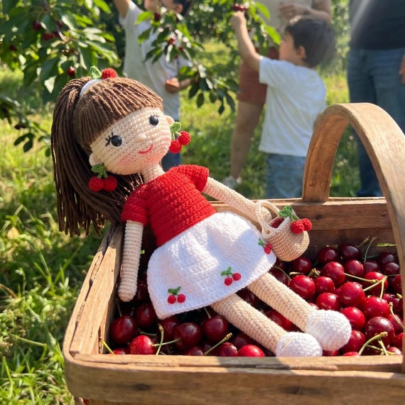Handmade Cherry Crochet Doll, Cotton Amigurumi Girl- Personalized Baby Shower Gift