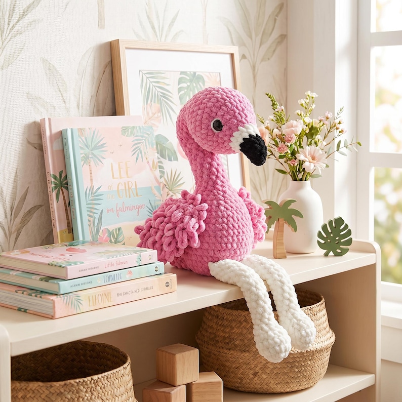 Handmade flamingo plush displayed near children's books in girl bedroom decor