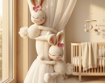 Handmade Crochet Bunny Curtain Tieback, Nursery Decor, Kids Room Accessory
