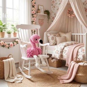 Amigurumi flamingo plush on chair in blush pink nursery, handmade room accessory