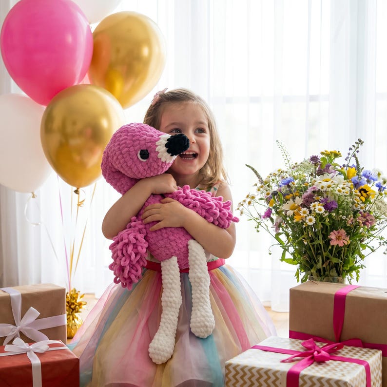 Birthday gift idea featuring handmade crochet flamingo plush toy for girls