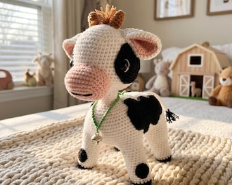 Crochet Cow Plush Toy, Handmade Amigurumi Farm Animal, Baby Shower Gift