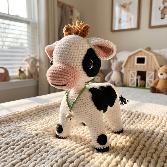 Crochet Cow Plush Toy, Handmade Amigurumi Farm Animal, Baby Shower Gift