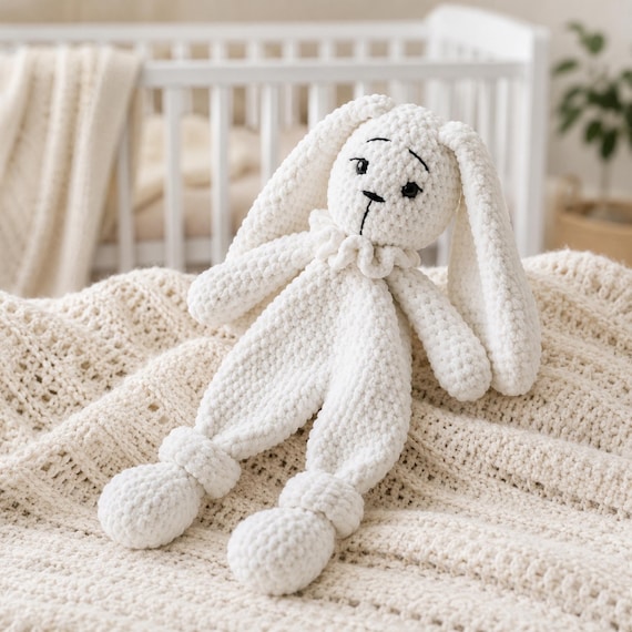 Üzerine İsim İşlemeli Bunny Lovey, Yumuşak Tığ İşi Sarılma Oyuncağı, Kadife Bebek Yastığı