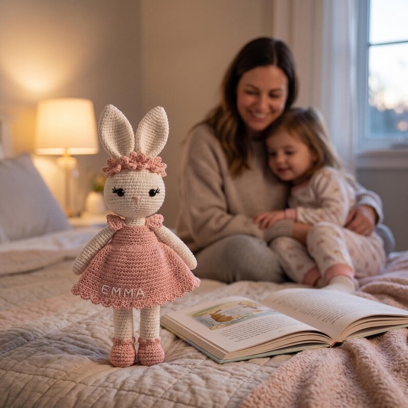 K&ouml;nnte beinhalten: Geh&auml;kelte Hasenpuppe mit rosa Kleid und Schuhen. Die Puppe hat lange Ohren, ein Blumenstirnband und den Namen "EMMA" auf dem Kleid gestickt. Sie steht auf einem Bett mit einem offenen Buch. Im Hintergrund sind eine Frau und ein Kind zu sehen.