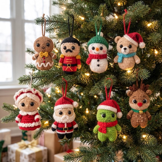 Crochet Christmas Character Ornaments, Santa Nutcracker Snowman Gingerbread Set,Noel Gift Set