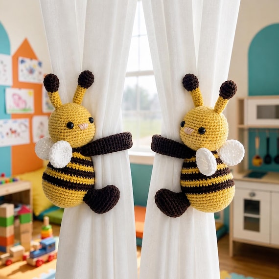Crochet Bee Curtain Tieback, Handmade Bumblebee Holdback, Sunshine Nursery Decor Gift
