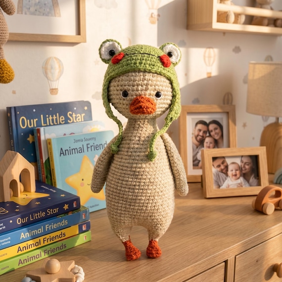Crochet Duck Doll, Frog Hat Duck - Handmade Nursery Decor