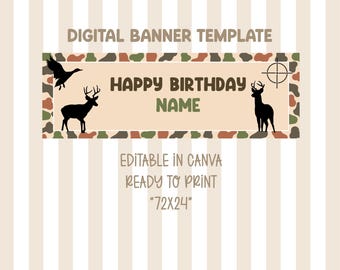 Printbare verjaardagsbanner met camouflage-jachtthema | Bewerkbaar sjabloon van 2x6 inch (digitale download)