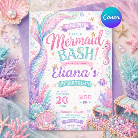 Mermaid Tail Birthday Invitation, Under the Sea Mermaid Party Invite, Mermaid Bash Editable Template, Whimsical Ocean Birthday Canva Invite