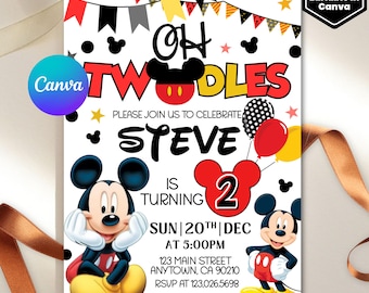 Oh Twodles 招待状、ミッキー誕生日招待状、ミッキーマウス招待状、マウス編集可能招待状、ミッキー Twodles 招待状、Canva